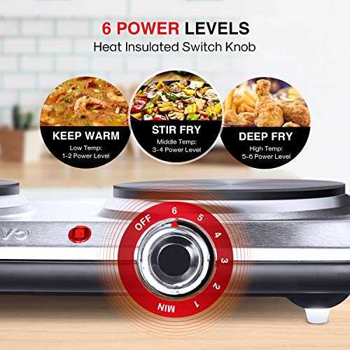 SUNAVO Hot Plates for Cooking, 1800W Electric Double Burner SUNAVO Scorching Plates for Cooking, 1800W Electrical Double Burner with Handles, 6 Energy Ranges Stainless Metal Scorching Plate for Kitchen Tenting RV Solid Iron.