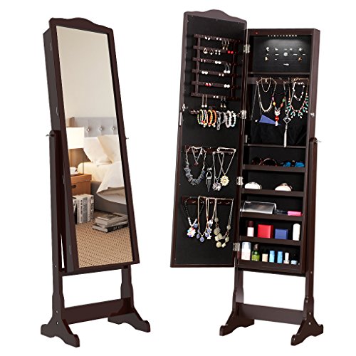 LANGRIA 10 LEDs Free Standing Jewelry Cabinet Lockable Full-Length Mirrored Jewelry Armoire with 5 Shelves, Organizer for Rings, Earrings, Bracelets, Broaches, Cosmetics, Brown
