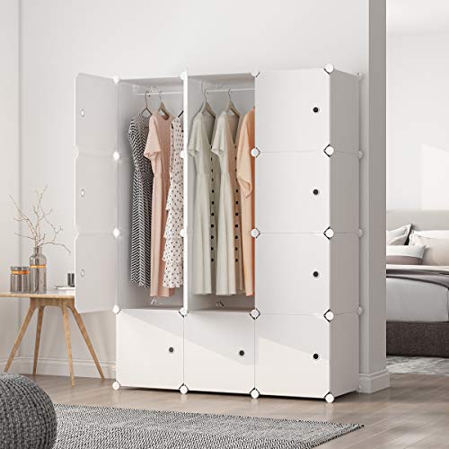 MAGINELS Portable Wardrobe Closets 14"x18" Depth Cube Storage, Bedroom Armoire, Storage Organizer with Doors, 12 Cubes, White
