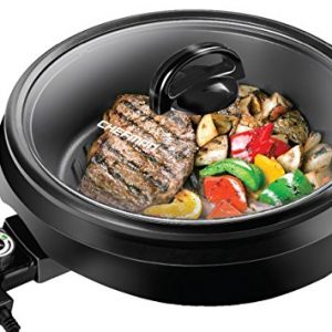 Chefman 3-IN-1 Electric Indoor Grill Pot & Skillet, Versatile - Slow Cook, Steam, Simmer, Stir Fry and Serve, 10-inch Nonstick Raised Line Griddle Pan w/Temperature Control & Tempered Glass Lid, Black