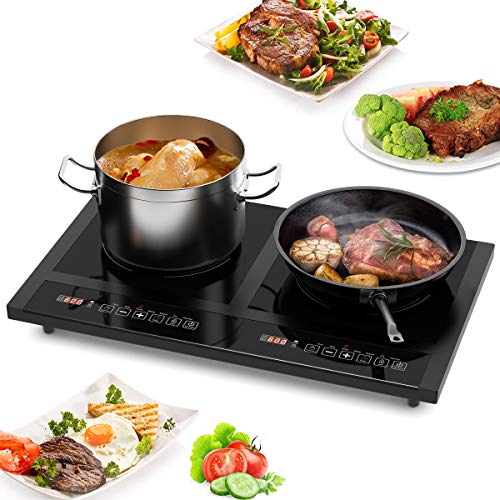 COSTWAY 1800W Double Induction Cooktop, Portable Electric Dual Hot Plate, Countertop Burner w/Digital Display, 8 Temperature and Power Levels, Kids Safety Lock, Black
