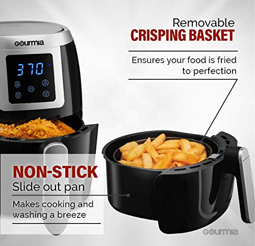 Gourmia 2.2 Qt Digital Air Fryer - Oil-Free Healthy Cooking Gourmia GAF228 2.2 Qt Digital Air Fryer - Oil-Free Wholesome Cooking - Digital Controls - Detachable, Dishwasher-Secure Pan and Tray - Free Recipe E-book Included.