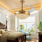 A Million 42” Crystal Ceiling Fan Light with Retractable Blades Remote Control LED Chandelier Fan 3 Speeds 3 Colors Changes Lighting Fixture, Silent Motor with LED Kits Included (Gold)
