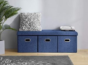 Ornavo Home Foldable Tufted Linen Large Bench Storage Ottoman Foot Rest Stool/Seat with 3 Drawer Cubes - 15" x 45" x 15" (Navy)