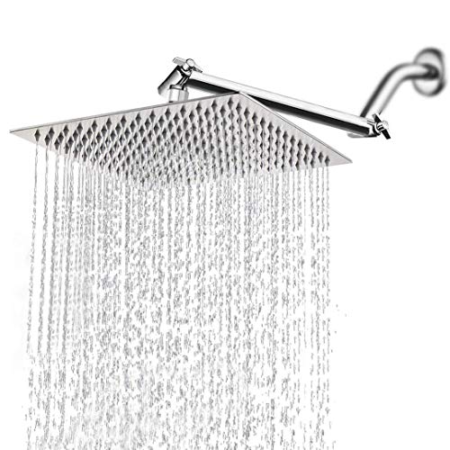 12'' Rainfall Shower Head with 11'' Adjustable Extension Arm, HarJue High Pressure Large Stainless Steel Square Rain ShowerHead With Shower Arm Waterfall Full Body Coverage Easy to Clean and Install