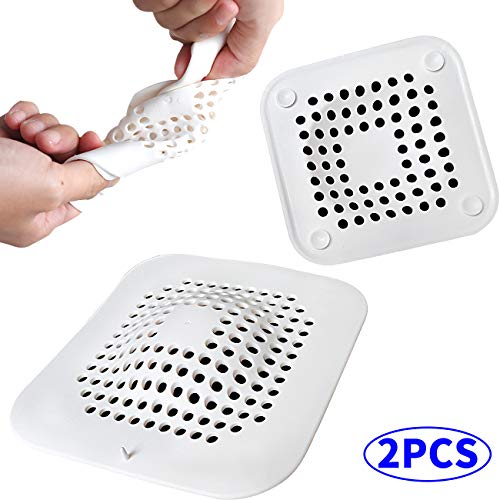 Calin Hair Catcher Drain Trap Protector Covers Square 2 Pack, Plastic Silicone Sink Strainer for Bathroom Bathtub Shower, Large & Small Size, White
