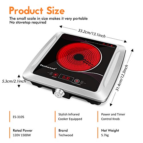 Techwood Hot Plate Electric Stove Single Burner Techwood Sizzling Plate Electrical Range Single Burner Countertop Infrared Ceramic Cooktop, 1500W Timer and Contact Management, Transportable Appropriate All Cookware, Ceramic Glass &amp; Stainless Metal.