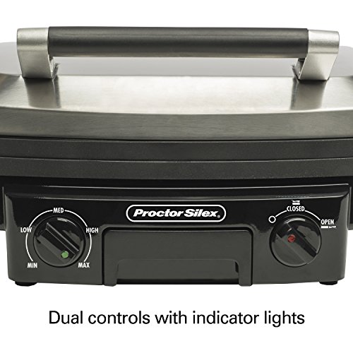 Proctor Silex 5-in-1 Electric Indoor Grill, Griddle and Panini Press Proctor Silex 5-in-1 Electrical Indoor Grill, Griddle and Panini Press, Opens Flat to Double Cooking Area, Reversible Nonstick Plates, Stainless Metal (25340R).