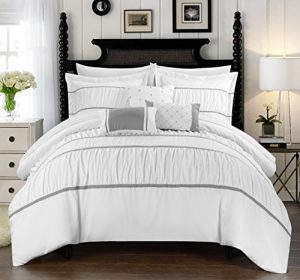 Chic Home Cheryl 10 Piece Comforter Set Complete Bed in a Bag Pleated Ruched Ruffled Bedding with Sheet Set and Decorative Pillows Shams Included, Queen White