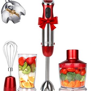 KOIOS 800W 4-in-1 Multifunctional Hand Immersion Blender, 12 Speed, 304 Stainless Steel Stick Blender, Titanium Plated Blade, 600ml Mixing Beaker, 500ml Food Processor, Whisk Attachment, BPA-Free, Red