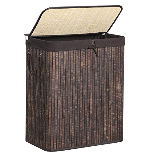 SONGMICS Bamboo Laundry Hamper with Lid, Two-Section Laundry Basket Sorter, 26 Gal (100L) with Liner and Handles, Rectangular, Rustic Brown ULCB64WN