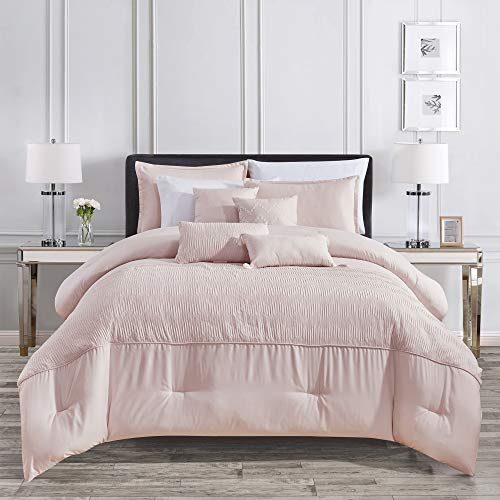 Sapphire Home Luxury 7 Piece Full/Queen Comforter Set with Shams Cushions, Modern Solid Pink Coral Pattern, Bed Cover Bed in a Bag, (21886, Queen, Pink)
