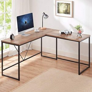 HSH L Shaped Computer Desk, Metal and Wood Rustic Corner Desk, Industrial Writing Workstation Table for Home Office Study, Grey Oak 59 x 55 inch