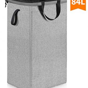 Large Laundry Hamper with Removable Liner (84L), 24.5 inch Tall Dorm Laundry Hamper with Handles, Collapsible Canvas Dirty Clothes Hamper, Square Laundry Basket for Bedroom, Bathroom, Nursery (Grey)