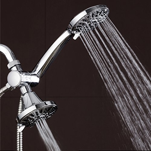 AquaDance Premium Chrome High-Pressure Shower Head Combo - Elevate Your Shower Experience with 48 Settings for Ultimate Luxury and Versatility The giant 4-inch face of both the overhead and handheld shower provides immersive coverage, and the high-power click lever dial lets me easily switch between the six settings, including refreshing Power Rain, invigorating Pulsating Massage, and the soothing Power Mist. The rub-clean jets ensure hassle-free cleaning, preventing lime buildup. The patented 3-way water diverter is a game-changer, allowing me to direct water flow between both showers effortlessly. The angle-adjustable overhead bracket and extra-flexible 5 ft. stainless steel hose enhance the flexibility of use, providing a customized and hands-free shower experience. This premium combo truly offers the best of both worlds.