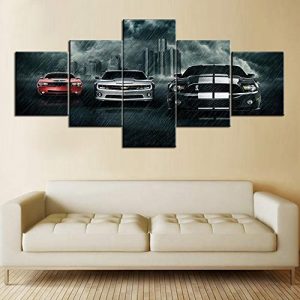 Art Work for Home Walls Muscle Cars Painting Pictures Canvas 5 Piece Artwork Home Decorations for Living Room Bedroom Giclee Wooden Frame Stretched Ready to Hang Posters and Prints(50''Wx24''H)