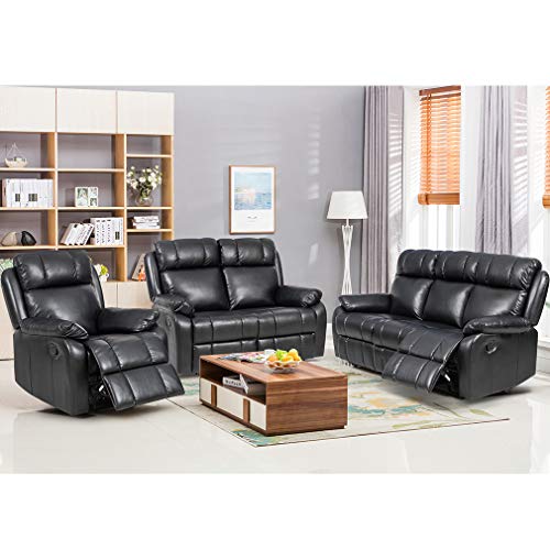 FDW Recliner Sofa Set Sectional Sofa for Living Room Furniture PU Leather Sofa and Couch Manual Reclining Sofa Recliner Chair, Love Seat, and Sofa (3seat) Home (Black)