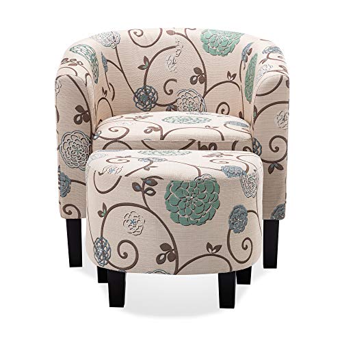BELLEZE Upholstered Modern Barrel Accent Tub Chair BELLEZE Upholstered Modern Barrel Accent Tub Chair with Ottoman Foot Rest Living Room, Beige Floral.