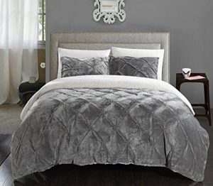 Chic Home 3 Piece Josepha Pinch Pleated Ruffled & Pintuck Sherpa Lined Comforter Set, Queen, Grey