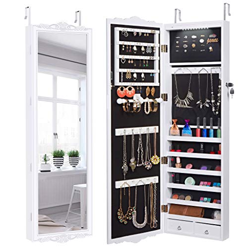 LANGRIA 10 LEDs Wall Door Mounted Jewelry Cabinet Lockable Jewelry Armoire Storage Organizer for Accessories, Carved Design, 2 Drawers, 3 Adjustable Heights, White