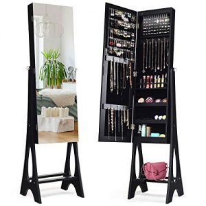 Giantex 12 LED Jewelry Armoire Cabinet with Frameless Full-Length Mirror, Standing Jewelry Cabinet with 16 Lipstick Holders, Large Storage Capacity, 3 Angles Adjustable (Black)