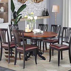 East-West Furniture AVON7-BLK-LC dinette table set- 6 Great wooden dining chairs - A Beautiful round dining table- Faux Leather seat, Cherry and Black Finnish Butterfly Leaf round wooden dining table