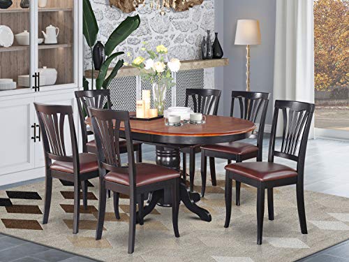 East-West Furniture AVON7-BLK-LC dinette table set- 6 Great wooden dining chairs - A Beautiful round dining table- Faux Leather seat, Cherry and Black Finnish Butterfly Leaf round wooden dining table