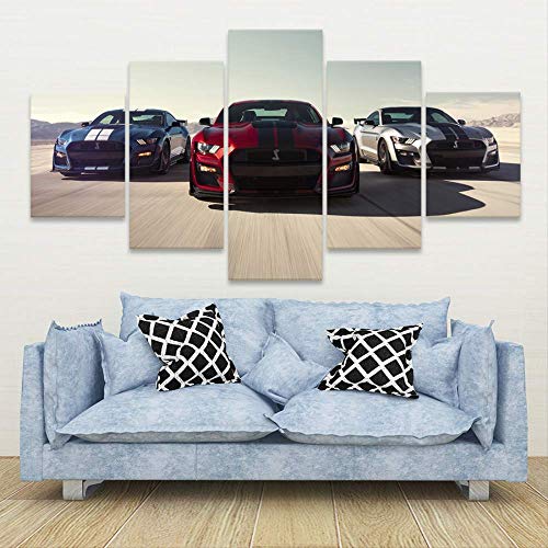 POMOTX Canvas Wall Art Wall Art Modular Pictures Canvas Printed 5 Panel Luxury Cars Mustang Shelby Gt500 Home Decor Posters Painting Living Room