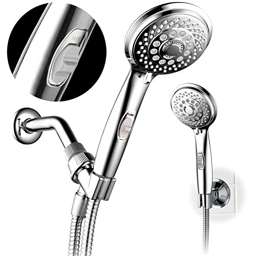 Hotel Spa 7-Setting AquaCare Series Spiral Handheld Shower Head Luxury Convenience Package with Pause Switch, Extra-Long Hose Plus Extra Low-Reach Bracket Stainless Steel Hose - All-Chrome Finish