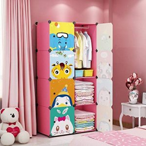 MAGINELS Children Wardrobe Kid Dresser Cute Baby Portable Closet Bedroom Armoire Clothes Hanging Storage Rack Cube Organizer， Large Pink 6 Cube & 1 Hanging Section