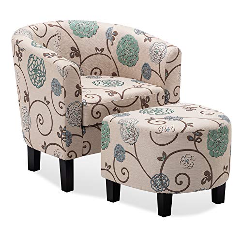BELLEZE Upholstered Modern Barrel Accent Tub Chair with Ottoman Foot Rest Living Room, Beige Floral