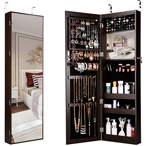 LANGRIA 10 LEDs Wall Door Mounted Jewelry Armoire Full-Length Mirror Cabinet Organizer with Spacious Storage, Mirror Size 13.5 in W x 46 in H, Brown