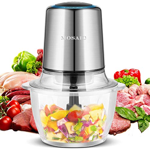 Electric Food Processor, MOSAIC 400W Mini Food Chopper for Vegetables Fruit Salad Onion Garlic with 4 Detachable Titanium Coating Blades and 5-Cup Food Grade Glass Bowl Meat Grinder Silver