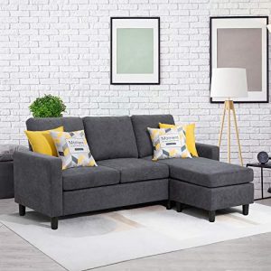 Walsunny Convertible Sectional Sofa Couch with Reversible Chaise, L-Shaped Couch with Modern Linen Fabric for Small Space (Dark Grey)