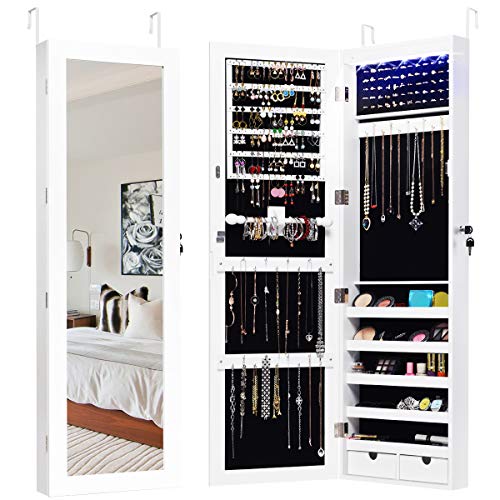 Giantex Wall Door Mount Jewelry Armoire Cabinet with 15 LED Lights, Lockable Hanging Jewelry Cabinet Organizer with Large Storage Capacity, 82 Earring Slots 60 Ring Slots 29 Hook Scarf Rod, White