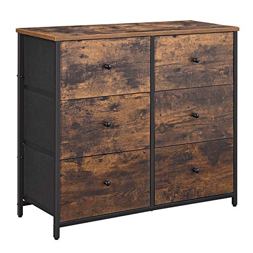 SONGMICS Rustic Drawer Dresser, Wide Storage Dresser with 6 Fabric Drawers, Industrial Closet Storage Drawers with Metal Frame, Wooden Top and Front, Rustic Brown and Black ULGS23H