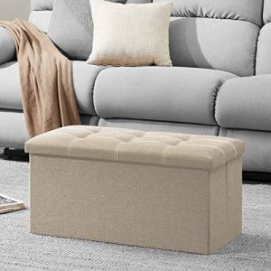 YOUDENOVA 30 inches Storage Ottoman Bench, Foldable Footrest Shoe Bench with 80L Storage Space, End of Bed Storage Seat, Support 350lbs, Linen Fabric Beige