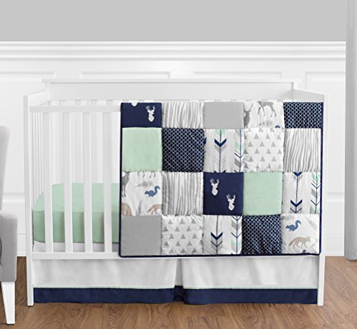 Navy Blue, Mint and Grey Woodsy Deer Boys Baby Bedding 4 Piece Crib Set
