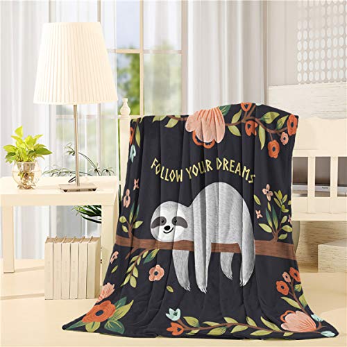 Flannel Fleece Reversible Throw Blanket 49x59 inch,Cute Baby Sloth On The Tree Follow Your Dreams Lightweight Super Soft Cozy Luxury Bed Blanket for Couch/Chair/Sofa