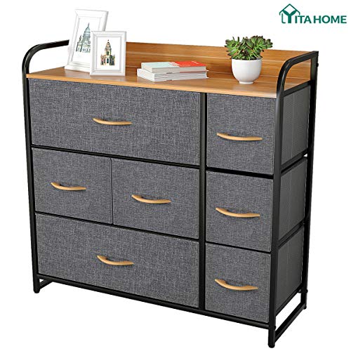 YITAHOME Dresser with 7 Drawers - Fabric Storage Tower YITAHOME Dresser with 7 Drawers - Cloth Storage Tower, Organizer Unit for Bed room, Residing Room, Hallway, Closets &amp; Nursery - Sturdy Metal Body, Picket Prime &amp; Simple Pull Cloth Bins (Cool Gray).