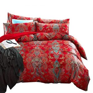 AMWAN Luxury Floral Bohemian Duvet Cover Set Queen Vintage Jacquard Sateen Cotton Bedding Cover Set Full Smooth Soft Boho Flower Bedding Collection Luxury Red Wedding Comforter Cover Set