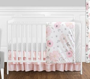 4 pc. Blush Pink, Grey and White Watercolor Floral Baby Girl Crib Bedding Set by Sweet Jojo Designs - Rose Flower Polka Dot