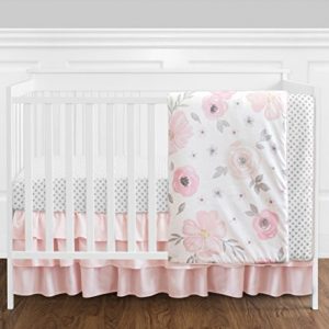 4 pc. Blush Pink, Grey and White Watercolor Floral Baby Girl Crib Bedding Set by Sweet Jojo Designs - Rose Flower Polka Dot