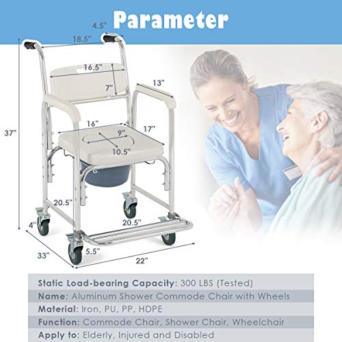 Giantex 3-in-1 Medical Transport Wheelchair Aluminum Bathroom Shower Chair Giantex 3-in-1 Medical Transport Wheelchair Aluminum Bathroom Shower Chair, Bedside Commode for Old People Patient, Locking Casters and Thick Padded Seat, Wheelchair Over Toilet.