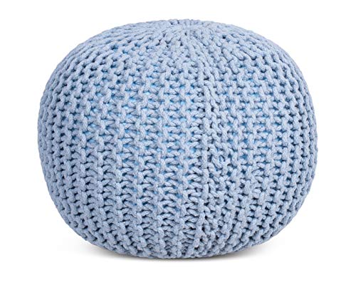 BIRDROCK HOME Round Pouf Foot Stool Ottoman - Knit Bean Bag Floor Chair - Cotton Braided Cord - Great for The Living Room, Bedroom and Kids Room - Small Furniture (Soft Blue)