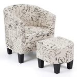 Giantex Accent Chair with Ottoman, Modern Upholstered Barrel Accent Chair Furniture Set, Linen Fabric, Soft Sponge, Firm Wood Frame, w/High Arms and Deep Seat, Ideal for Living Room, Bedroom, Garret