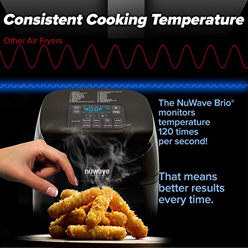 NUWAVE BRIO 4.5-Quart Digital Air Fryer includes Nuwave Cooking Club App NUWAVE BRIO 4.5-Quart Digital Air Fryer contains Nuwave Cooking Membership App, one-touch digital controls, 6 simple presets, exact temperature management, recipe e-book, wattage management, and superior features like PREHEAT, REHEAT extra.