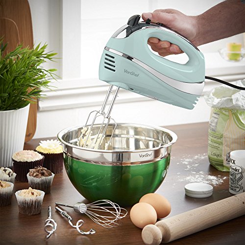 Whip, Mix, and Knead with Ease: Unleash Culinary Creativity with the VonShef Blue 250W Hand Mixer - Your Kitchen Companion for Effortless Cooking Blue 250W Hand Mixer is a kitchen powerhouse designed to make your culinary endeavors a breeze. With a highly effective 250W motor, this electric hand mixer is the perfect companion for whisking, mixing, and kneading various ingredients. Whether you're a seasoned chef or a passionate home cook, this versatile appliance takes the hassle out of food preparation, ensuring smooth and efficient results every time. Powerful Performance: ⚡ The VonShef Blue 250W Hand Mixer boasts a robust 250W motor, providing ample power for all your mixing needs. From delicate batters to dense doughs, experience consistent and efficient performance with every use.