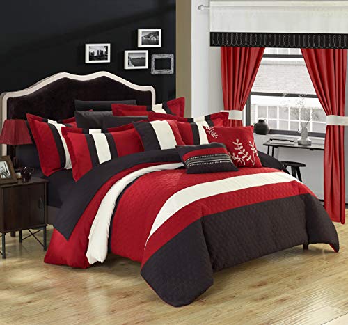 Chic Home Covington 24 Piece Comforter Set Embroidered Bed in a Bag with Sheets Curtains, King, Red