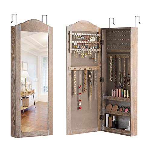Giantex Jewelry Armoire Cabinet Wall/Door Mounted with Mirror, Rustic Full Length Mirrored Storage Jewelry Organizer with Hooks Ring Earring Slots, Bedroom Armoires Jewelry Cabinets (Natural Wood)